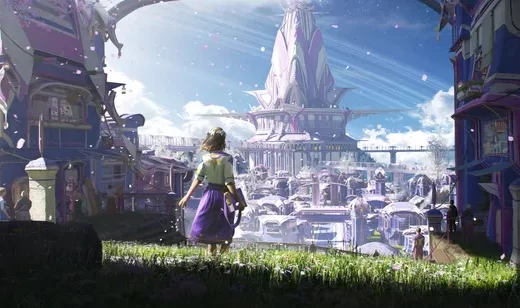 紫裙少女遥望奇幻主城 超宽屏4K高清桌面背景