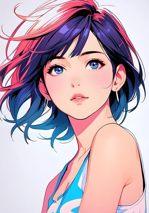 二次元插画·渐变粉紫蓝短发动漫少女 手机壁纸精选
