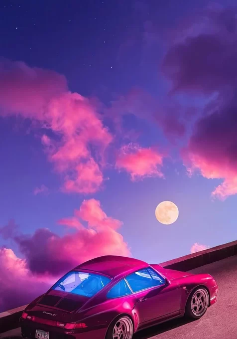 粉紫月夜保时捷跑车 梦幻唯美手机壁纸