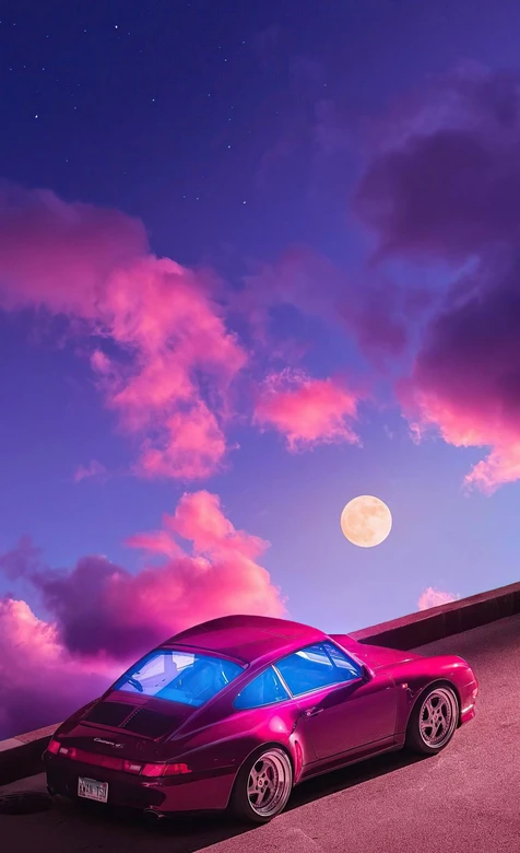 粉紫月夜保时捷跑车 梦幻唯美手机壁纸-iPhone17-1