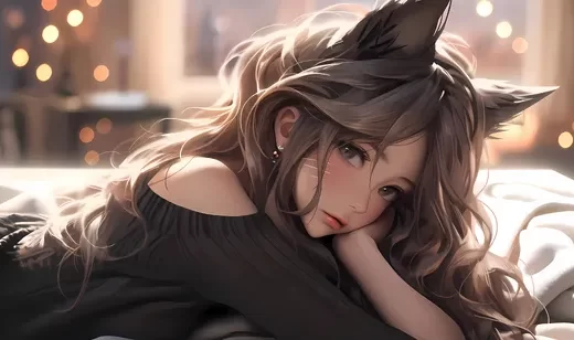 猫耳朵AI动漫美女，趴在床上的高颜值AI美女插画壁纸图片
