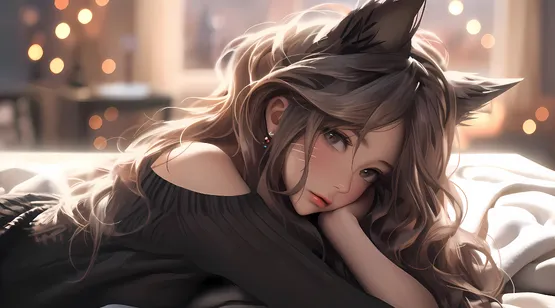 猫耳朵AI动漫美女，趴在床上的高颜值AI美女插画壁纸图片-iPhone17-1