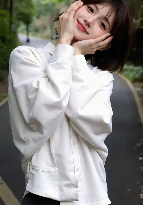 林间少女，双手托腮，身着紧身裤的可爱短发美少女晨跑AI手机美图壁纸