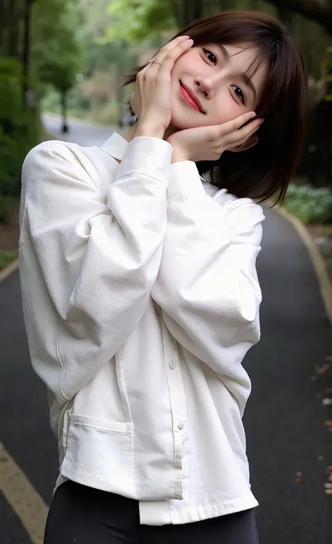 林间少女，双手托腮，身着紧身裤的可爱短发美少女晨跑AI手机美图壁纸-iPhone17-1