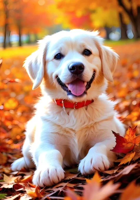 金毛幼犬秋季落叶中微笑 治愈系秋景壁纸