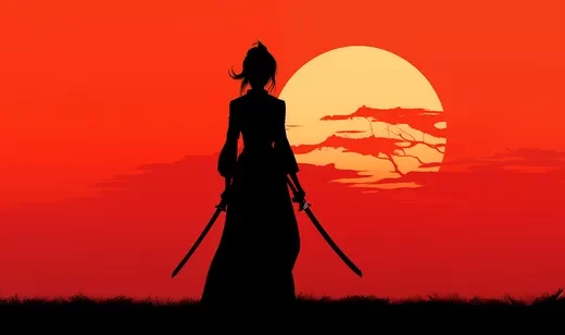 红色夕阳，拿着双刀的女战士背影插画壁纸图片