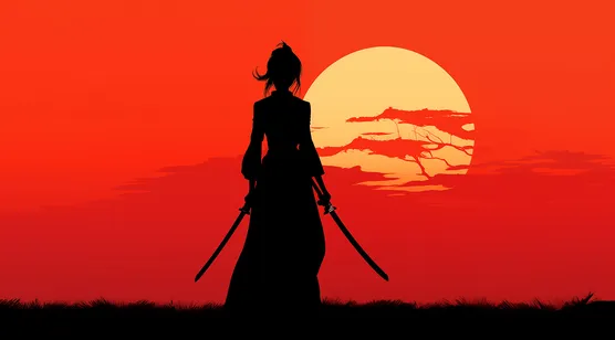 红色夕阳，拿着双刀的女战士背影插画壁纸图片-iPhone17-1