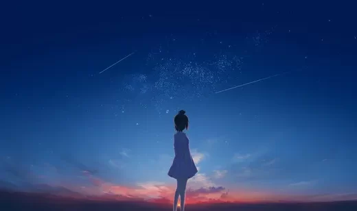星空下的动漫女孩，丸子头，可爱裙装动漫女孩背影，天空流星，唯美动漫女
