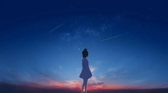 星空下的动漫女孩，丸子头，可爱裙装动漫女孩背影，天空流星，唯美动漫女-iPhone17-1