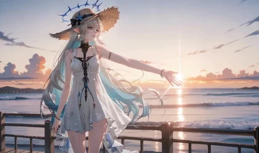 银发蓝挑染精灵耳少女·草帽白裙 海边日落唯美二次元动态壁纸