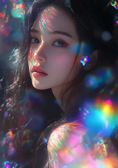 唯美炫彩光影黑发女生壁纸 梦幻光斑艺术风