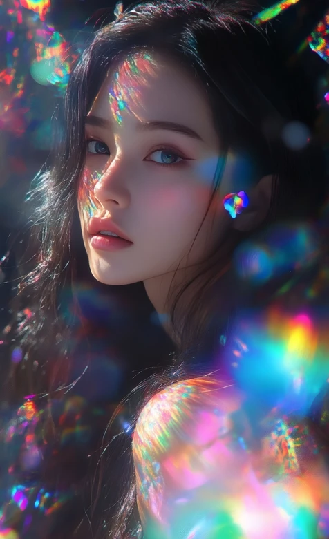 唯美炫彩光影黑发女生壁纸 梦幻光斑艺术风-iPhone17-1