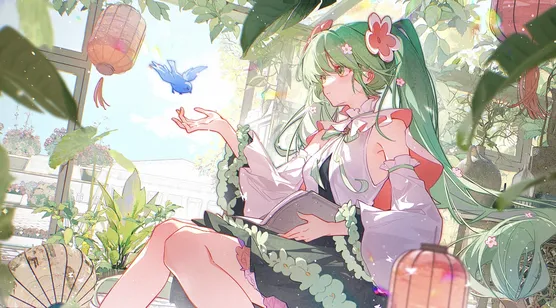 绿发花饰少女·花房小憩 二次元清新宽屏壁纸（车机）-iPhone17-1