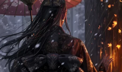 和风二次元少女·落雪枫下侧影 高清宽屏桌面背景