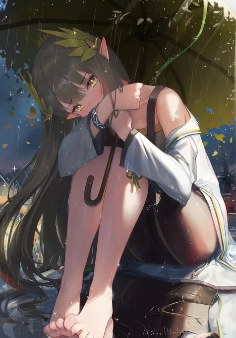 缪尔赛思，下雨天，拿着一把雨伞坐在地上的缪尔赛思唯美手机壁纸