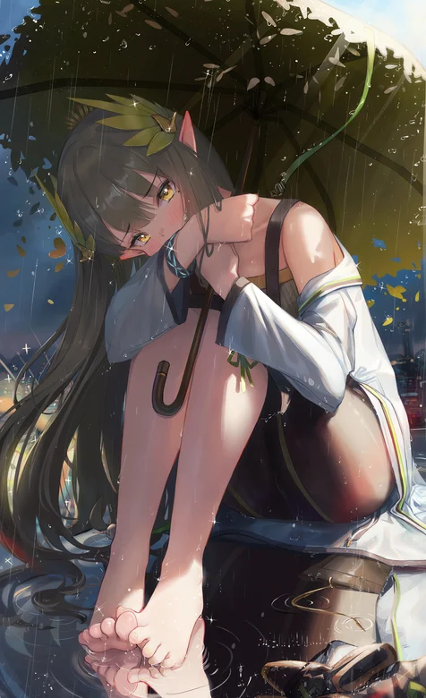 缪尔赛思，下雨天，拿着一把雨伞坐在地上的缪尔赛思唯美手机壁纸-iPhone17-1