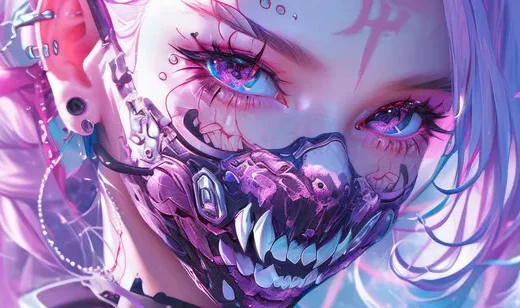 戴着鬼牙面具的非主流AI朋克少女图片