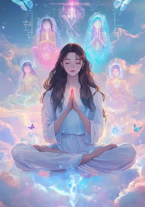 冥想女子·梦幻灵性光影环绕 灵性疗愈风手机壁纸