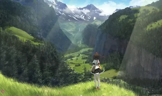 动漫少女眺望山谷草甸·治愈系场景 高清宽屏桌面背景