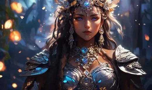 穿着盔甲，头戴华丽配饰，耳坠的AI美女高清美图桌面壁纸图片
