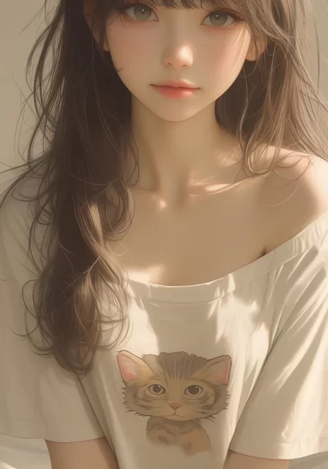 穿着猫图案T恤的AI美女手机壁纸图片