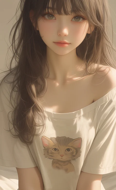 穿着猫图案T恤的AI美女手机壁纸图片-iPhone17-1