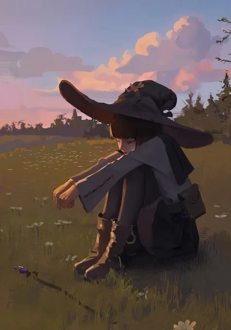 巫师帽少女·黄昏草地沉思 唯美二次元治愈系手机壁纸