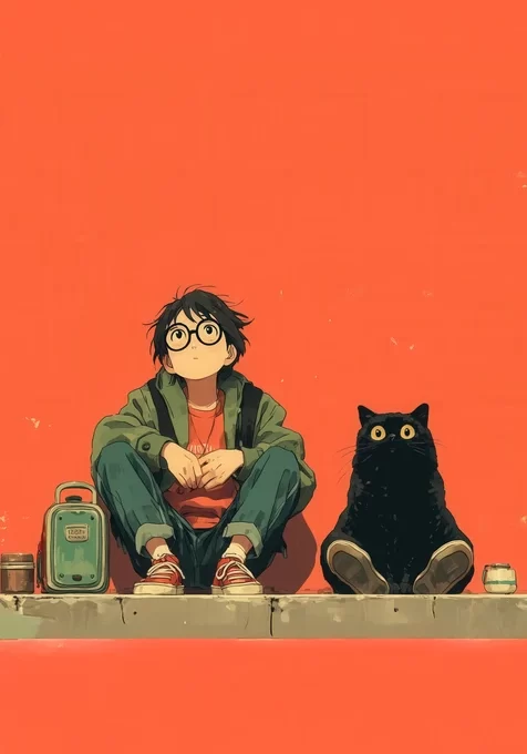 戴眼镜少年与黑猫·日系动漫风 治愈系竖屏壁纸