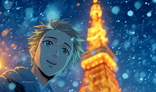 二次元少年·暖光雪景 东京塔夜景唯美电脑壁纸