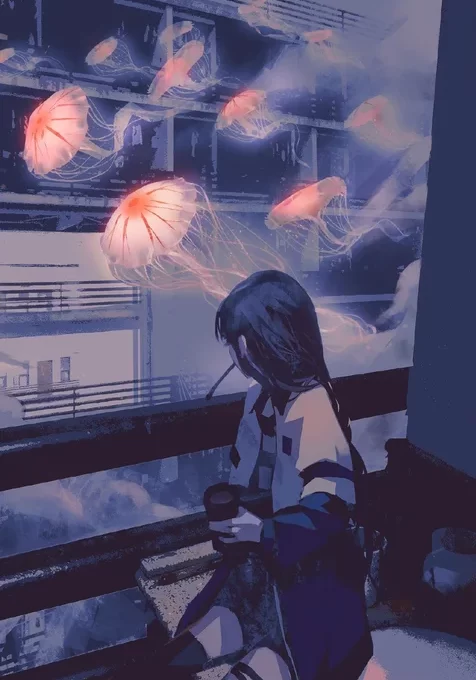 长发动漫女学生看着窗外会飞的水母唯美壁纸