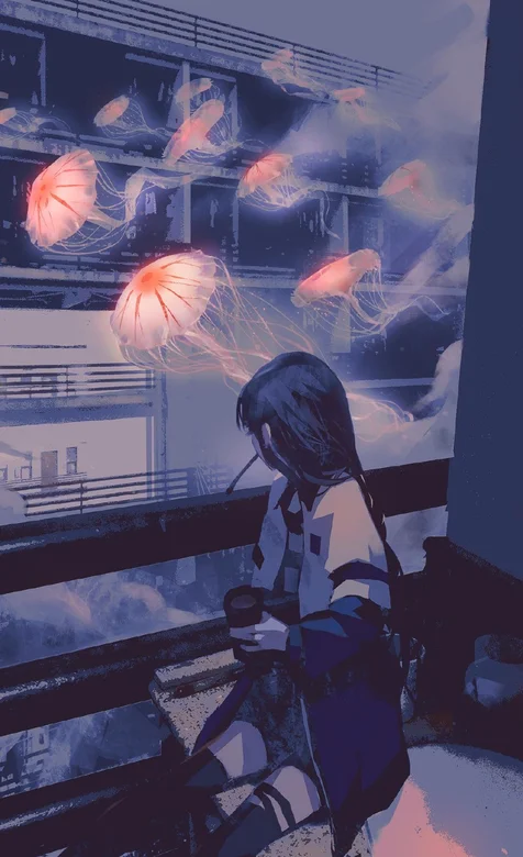 长发动漫女学生看着窗外会飞的水母唯美壁纸-iPhone17-1
