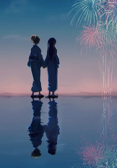 海上看烟花的动漫和服少女