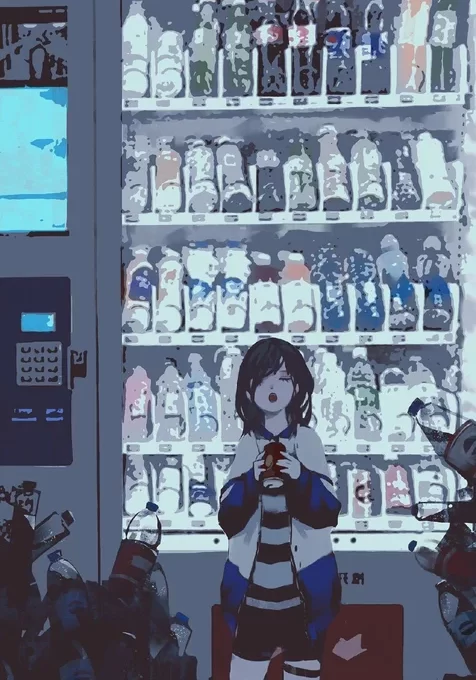 售卖机前喝着饮料的动漫女学生手机壁纸