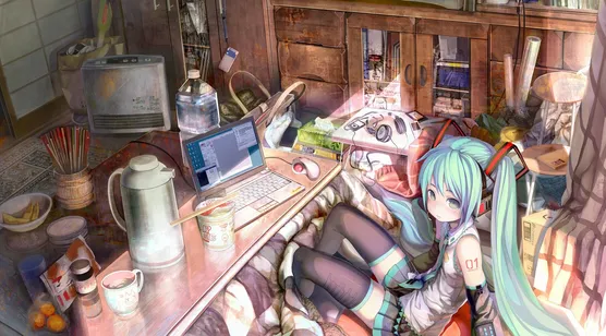 书房里的初音高清电脑壁纸-iPhone17-1