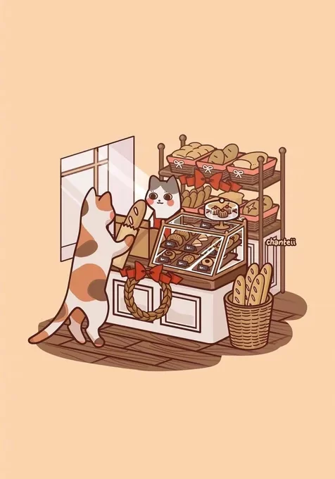 一只卡通狗在卡通猫的面包店购物动漫手机壁纸